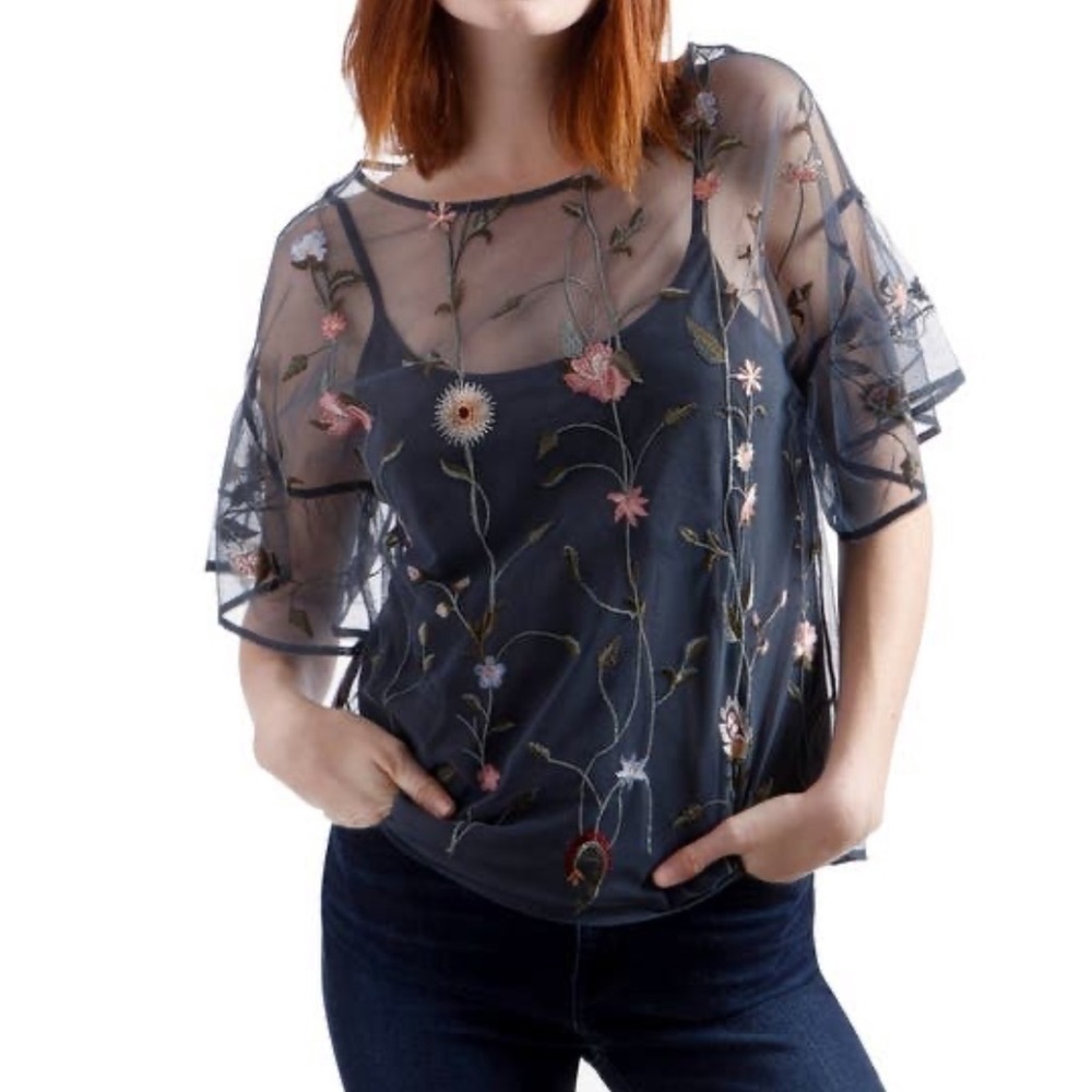 Lucky Brand Navy Sheer Floral Embroidered Overlay Top